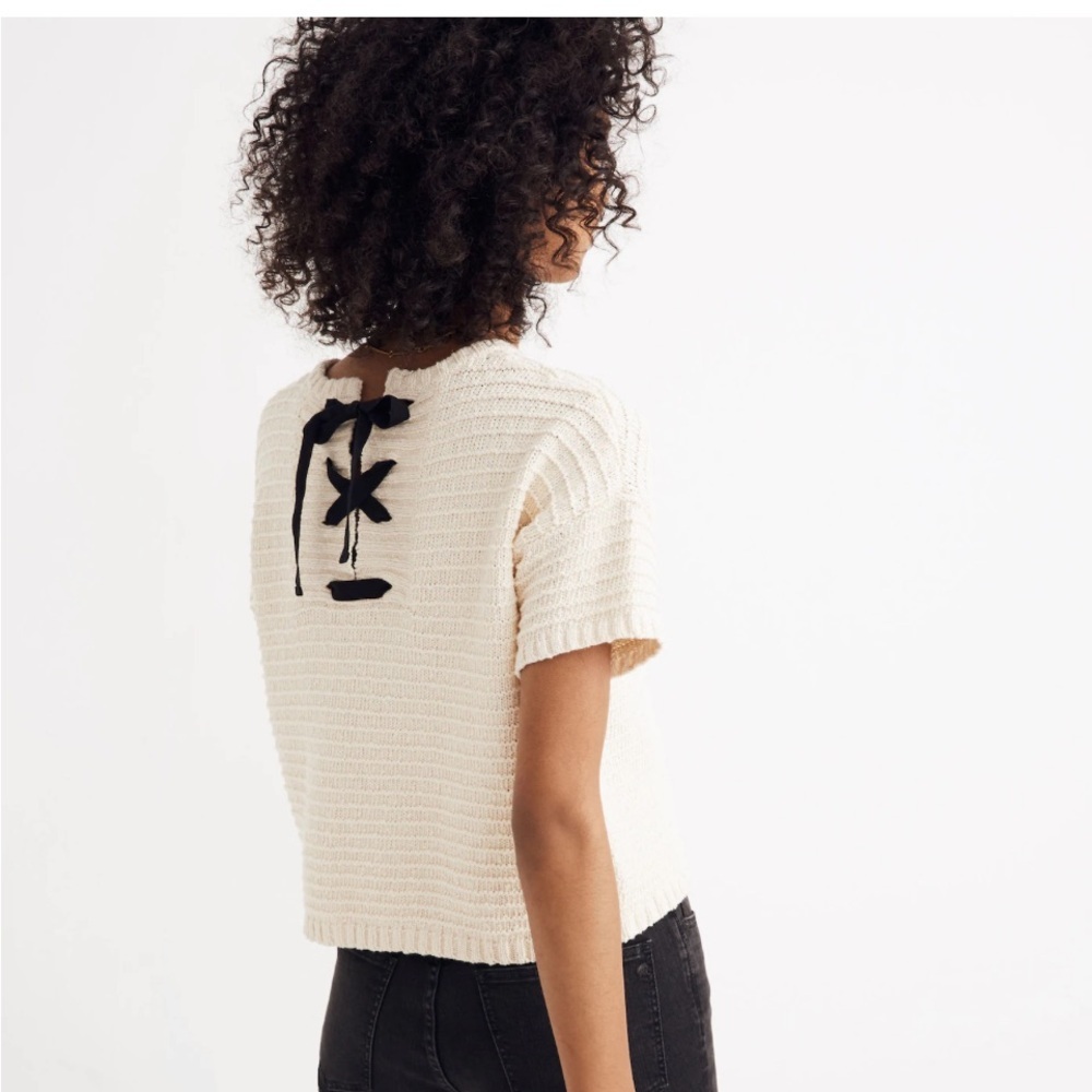 Madewell Cream Short-Sleeve Knit Top with Black Back Tie Detail